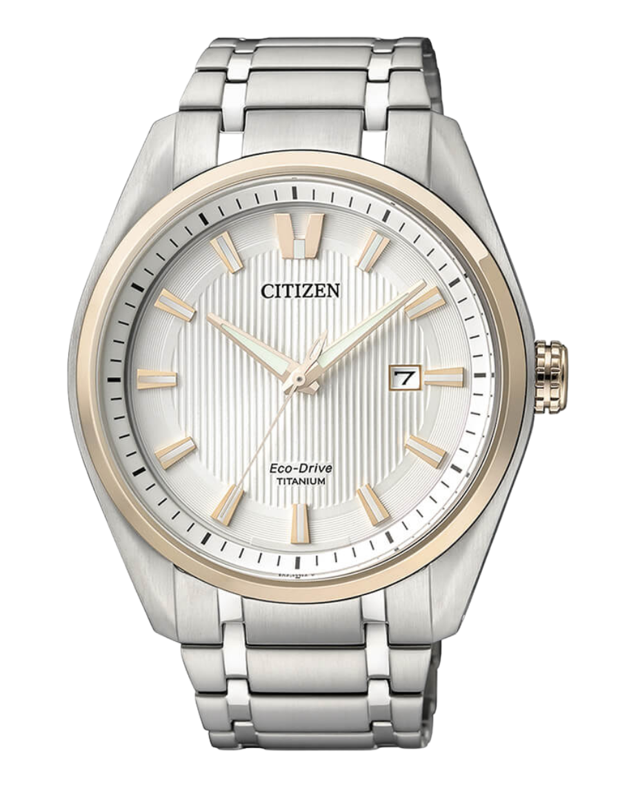 Citizen Super Titanium AW1244-56A reloj hombre titanio bicolor oro esfera blanca