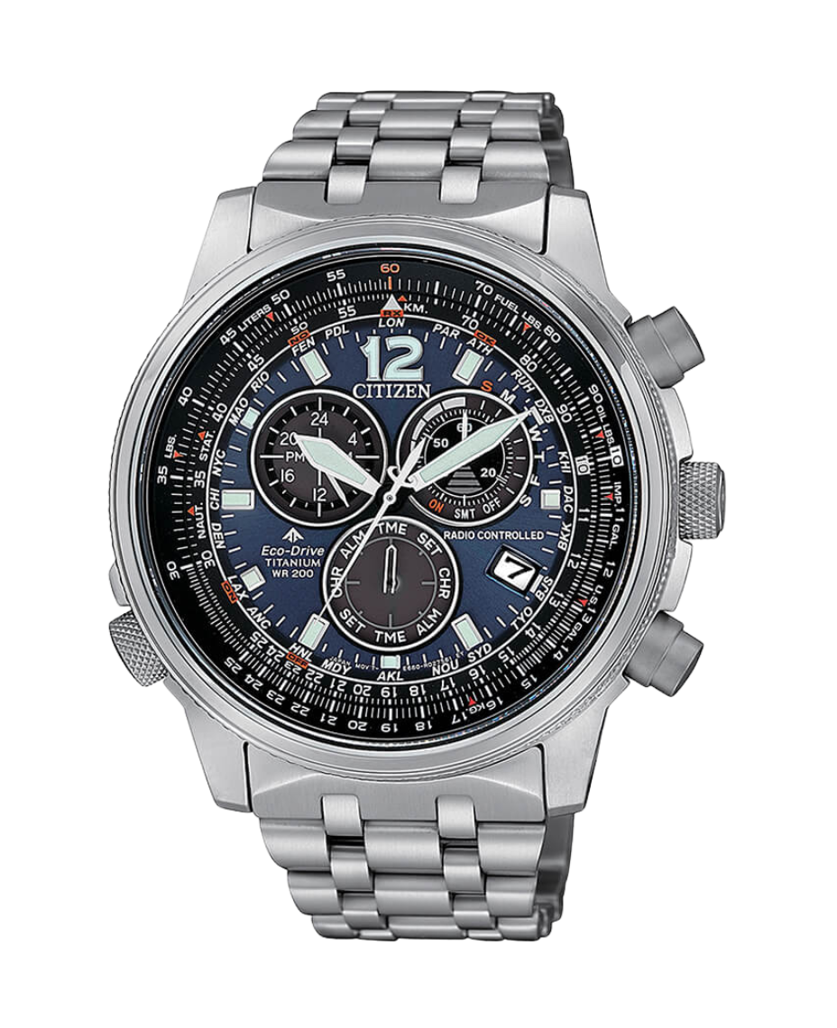 Citizen Super Titanium CA4010-58L reloj hombre titanio azul cronógrafo Eco-Drive
