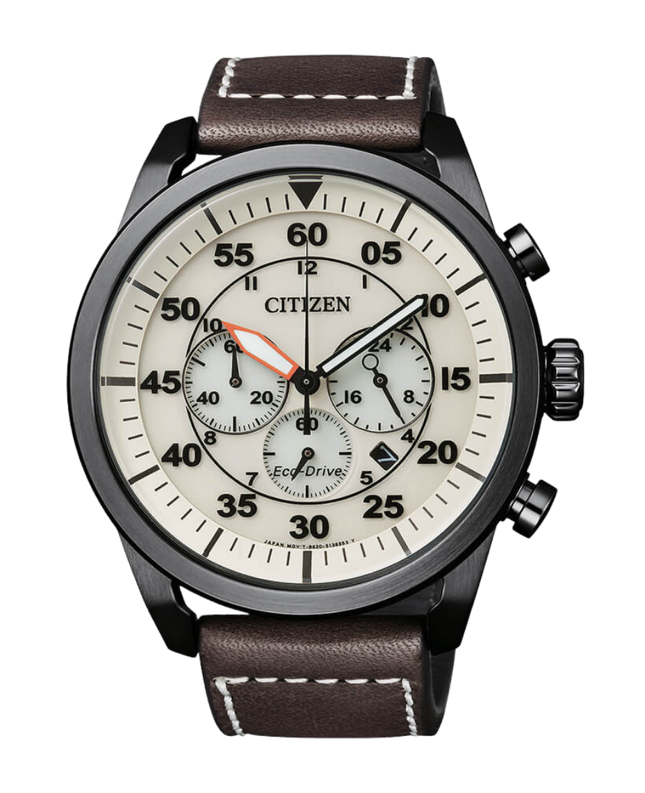Citizen Eco-Drive CA4215-04W reloj hombre acero cronógrafo esfera beige correa piel