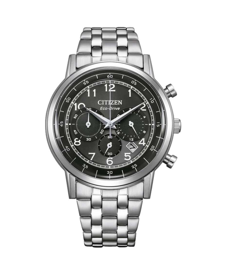 Citizen Eco-Drive CA4630-53E reloj hombre acero cronógrafo esfera negra sostenible