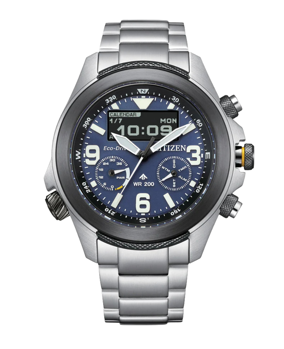 Citizen Promaster JV1006-51L reloj hombre acero esfera azul cristal zafiro Eco-Drive multifunción
