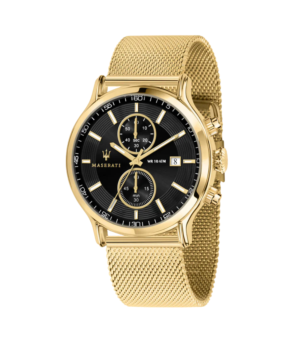 Maserati Epoca R8873618014 reloj hombre acero dorado esfera negra cronógrafo malla oro