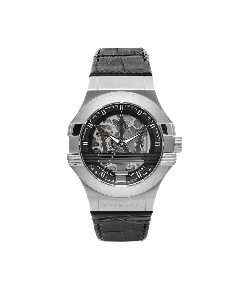 Maserati Potenza Automático R8821108038 reloj hombre acero plata esfera negra correa cuero
