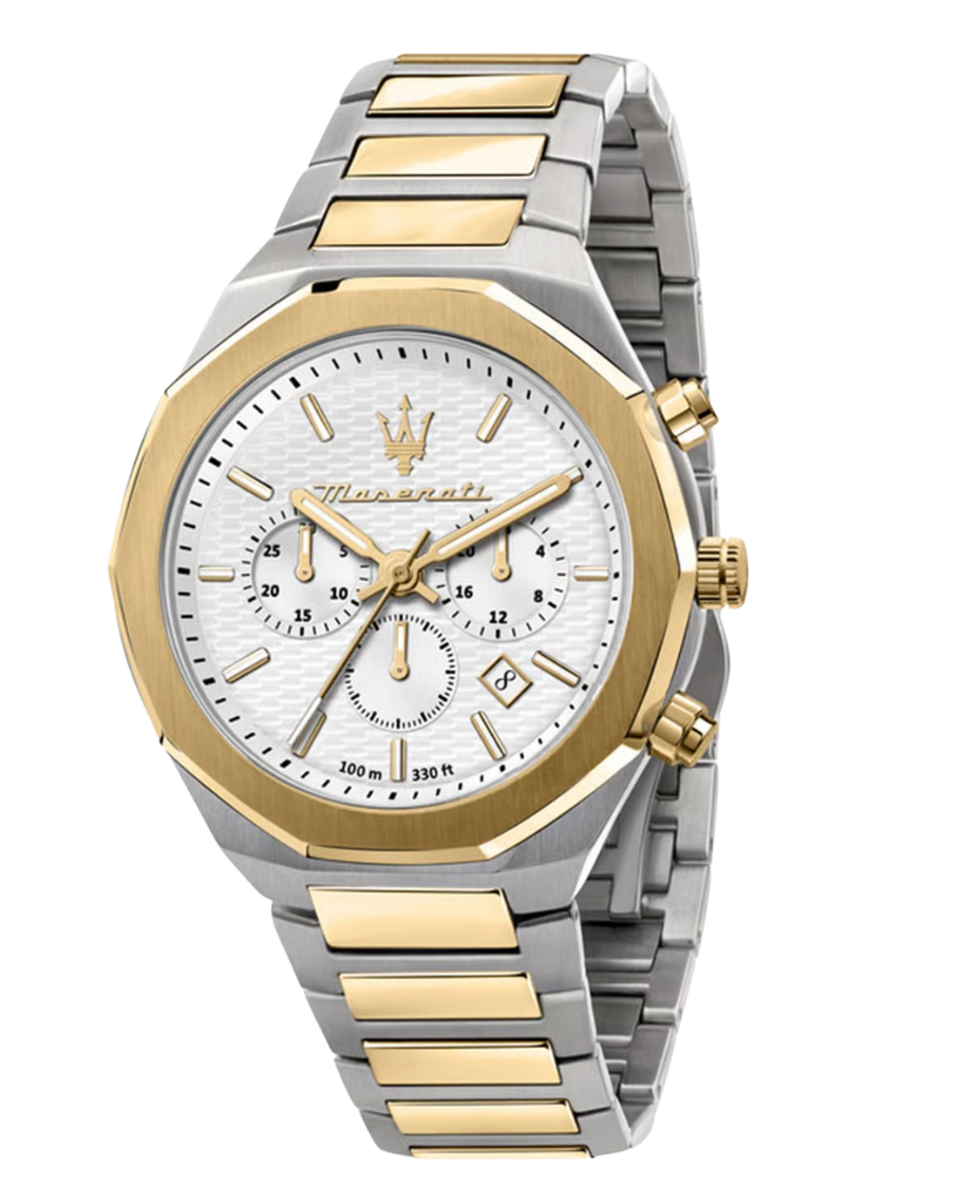 Maserati Stile R8873642009 reloj hombre acero dorado cronógrafo esfera plateada