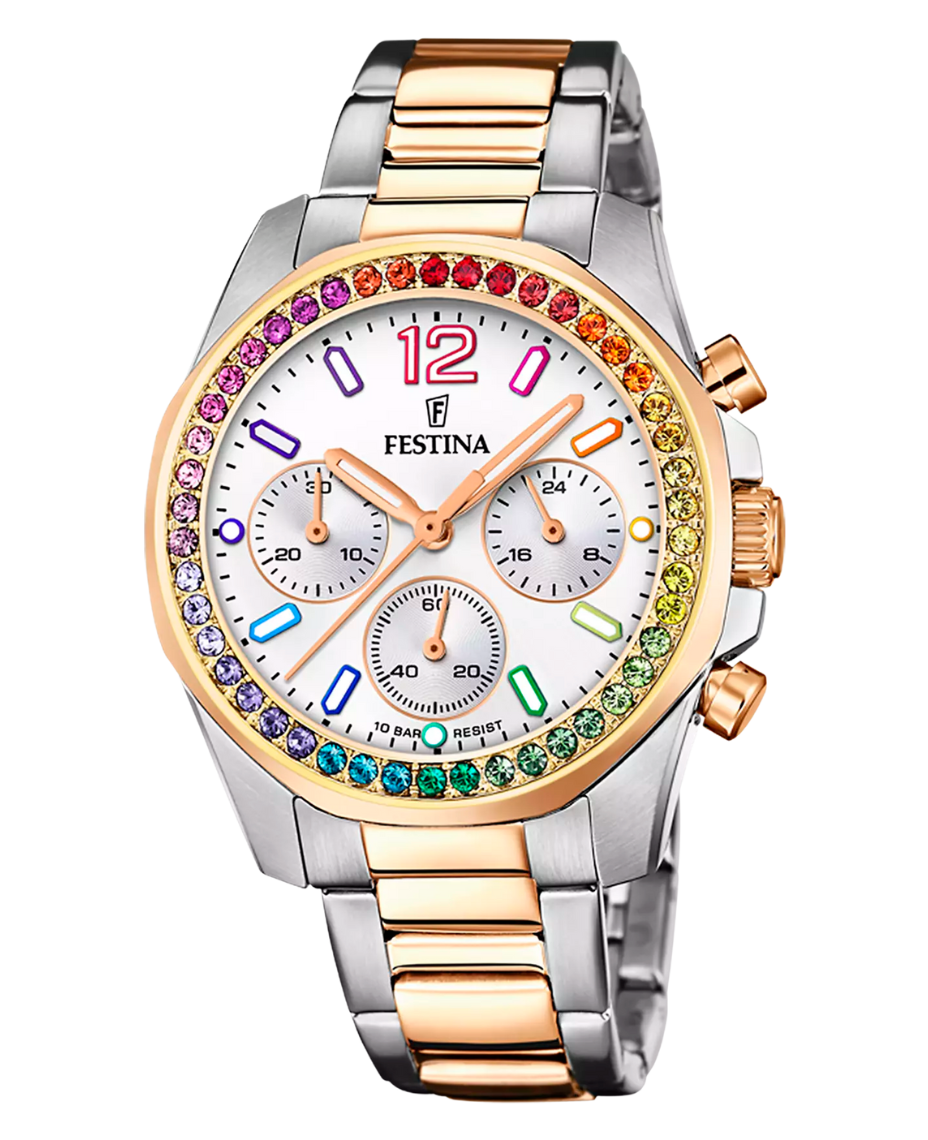 Festina Rainbow F20608/2 reloj mujer cronógrafo acero inoxidable esfera blanca pulsera plateada