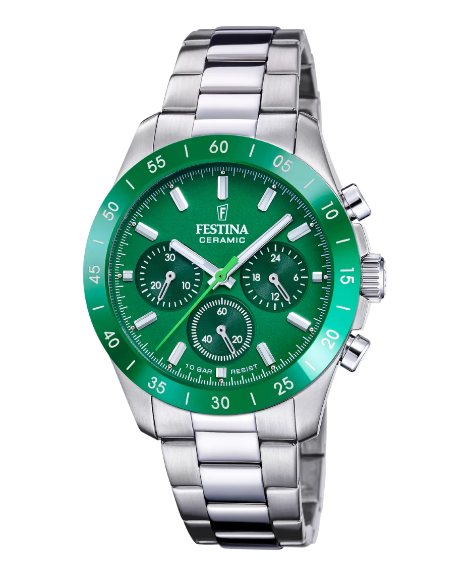 Festina Cronógrafo F20693/5 reloj unisex acero plata lavanda esfera verde