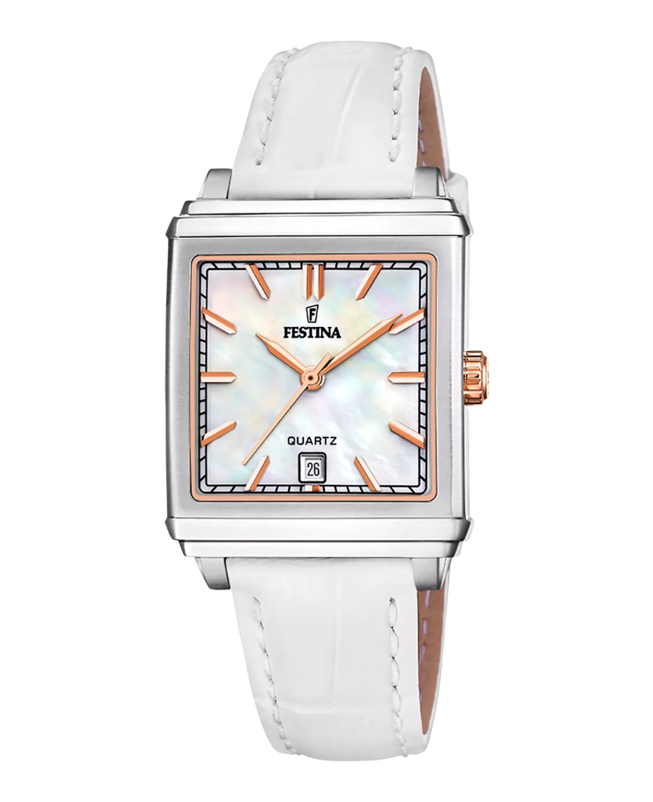 Festina F20682/1 reloj mujer acero inoxidable esfera beige correa piel blanca elegante clásico