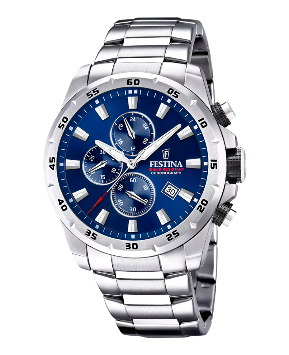 Festina F20463/2 reloj hombre cronógrafo acero inoxidable azul 45mm esfera azul pulsera plateada