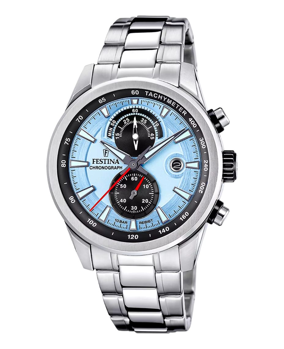 Festina cronógrafo F20694/2 reloj hombre acero esfera azul pulsera plateado