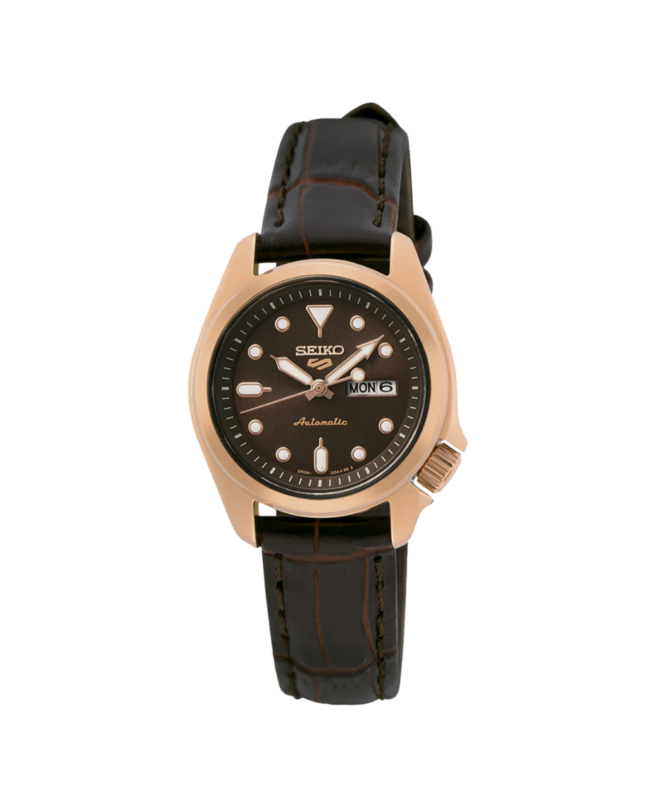 Seiko 5 Sports Mini Automático SRE006K1 reloj mujer acero dorado correa marrón