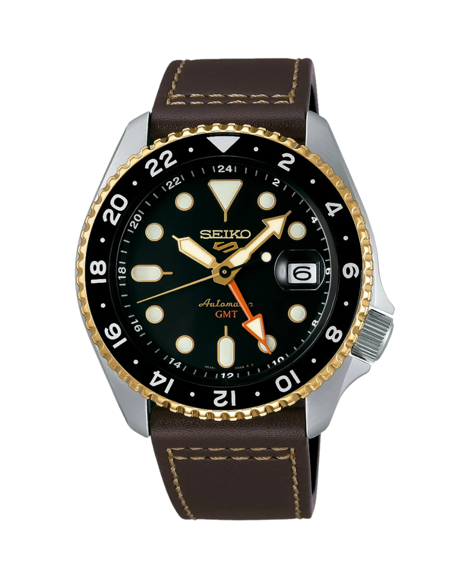 Seiko 5 Sports SSK036K1 reloj hombre acero esfera negra correa cuero marrón