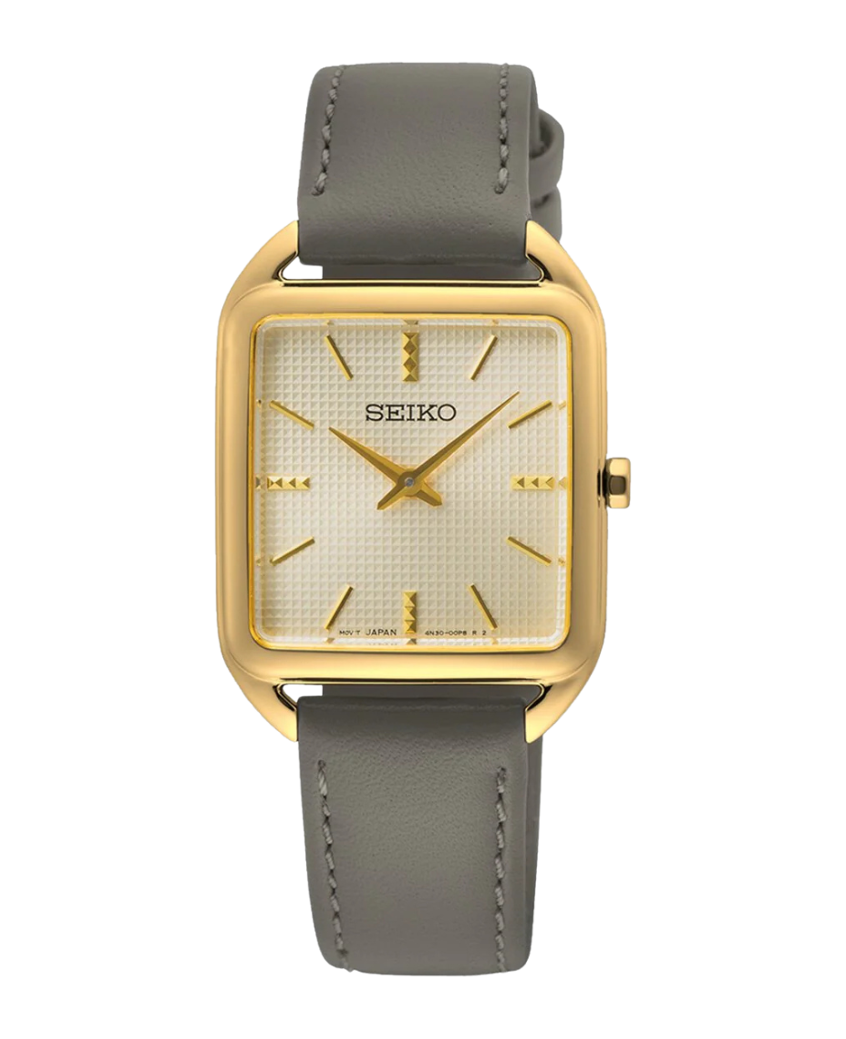Seiko Ladies Cuarzo SWR090P1 reloj mujer acero dorado caja cuadrada correa piel gris
