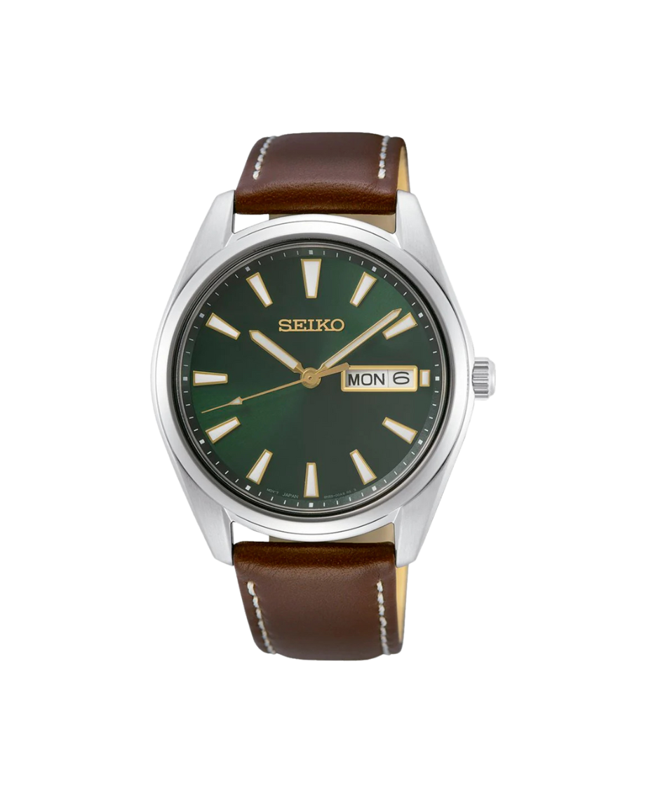 Seiko Neo Classic SUR449P1 reloj hombre acero esfera verde correa piel marrón