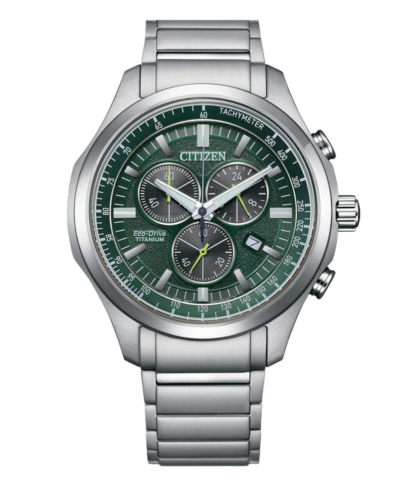 Citizen Super Titanium AT2530-85X reloj hombre titanio esfera verde cronógrafo