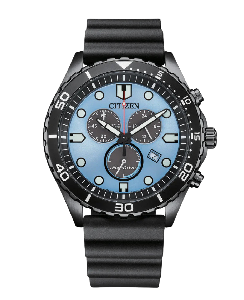 Citizen Eco-Drive Cronógrafo AT2567-18L reloj hombre acero esfera azul correa goma