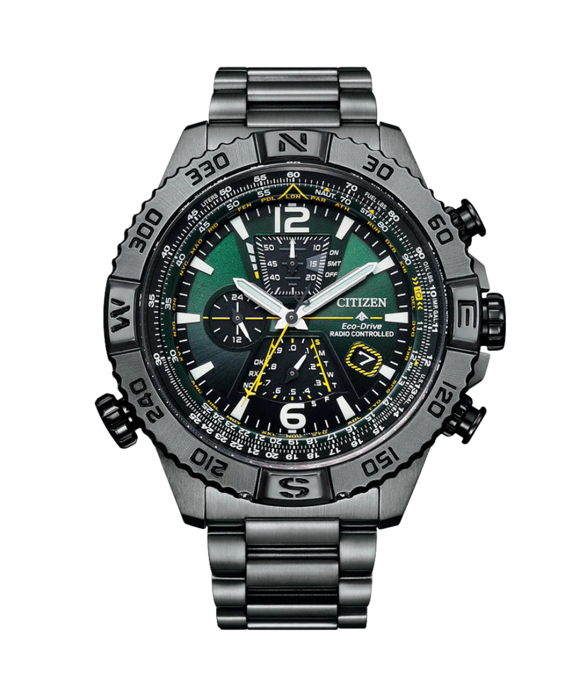 Citizen Eco-Drive cronógrafo AT8227-56X reloj hombre acero negro esfera verde