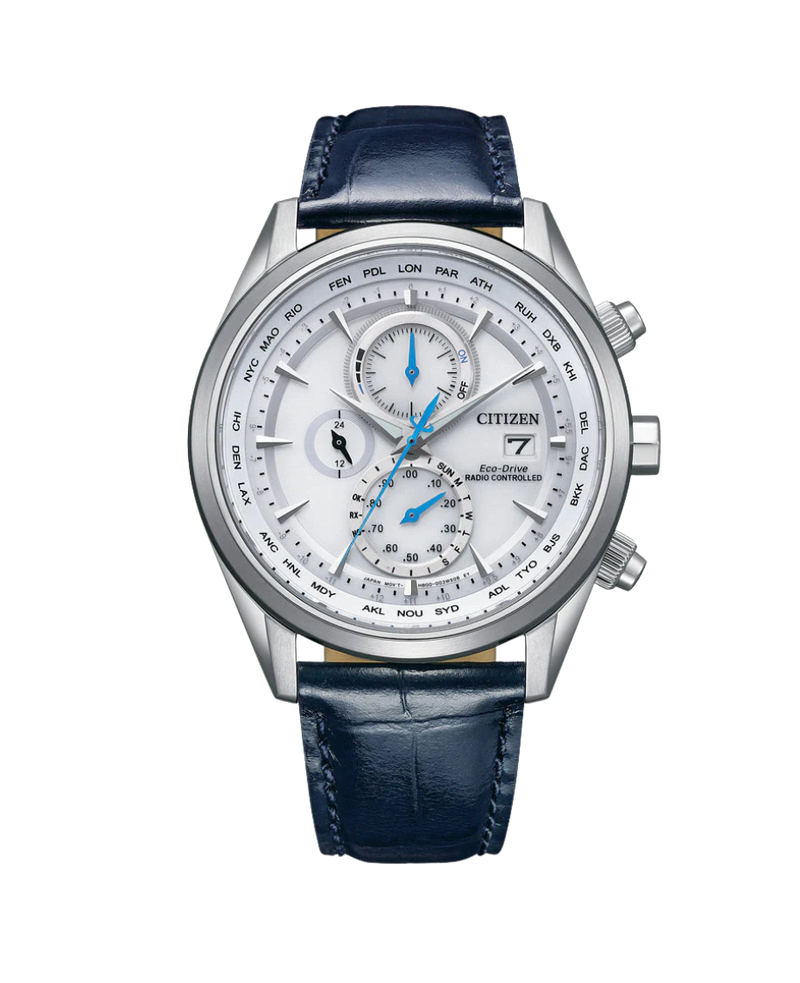 Citizen Eco-Drive AT8260-18A reloj hombre acero cronógrafo esfera blanca correa piel