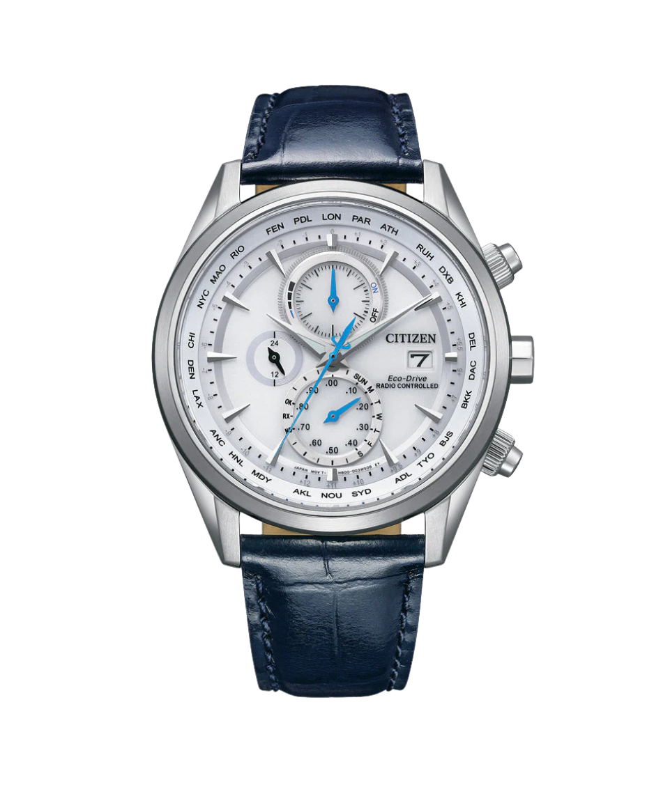 Citizen Eco-Drive AT8260-18A reloj hombre acero cronógrafo esfera blanca correa piel