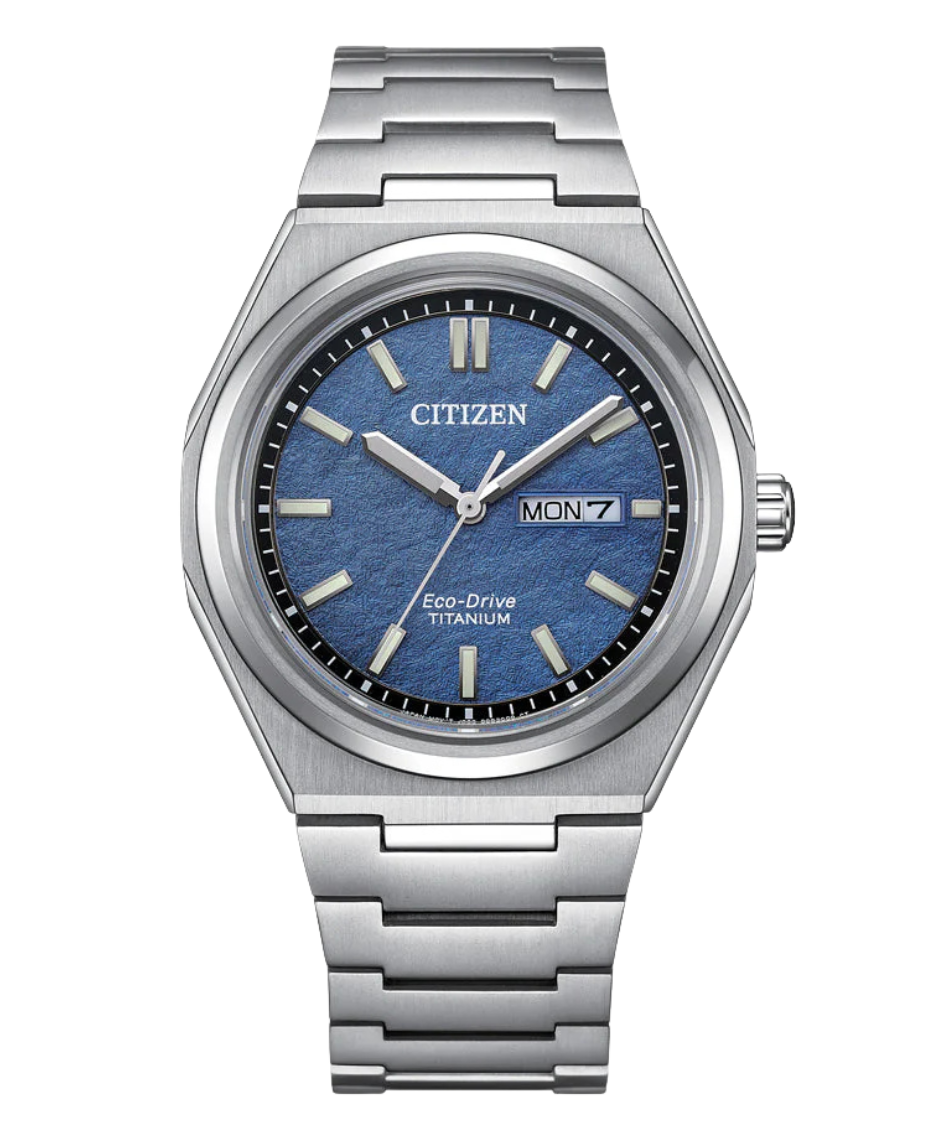 Citizen Super Titanium AW0130-85L reloj hombre titanio esfera azul cristal zafiro