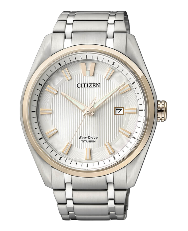 Citizen Super Titanium AW1244-56A reloj hombre titanio bicolor oro esfera blanca