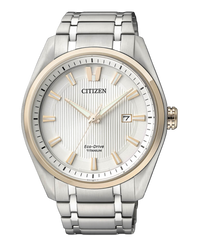 Citizen Super Titanium AW1244-56A reloj hombre titanio bicolor oro esfera blanca