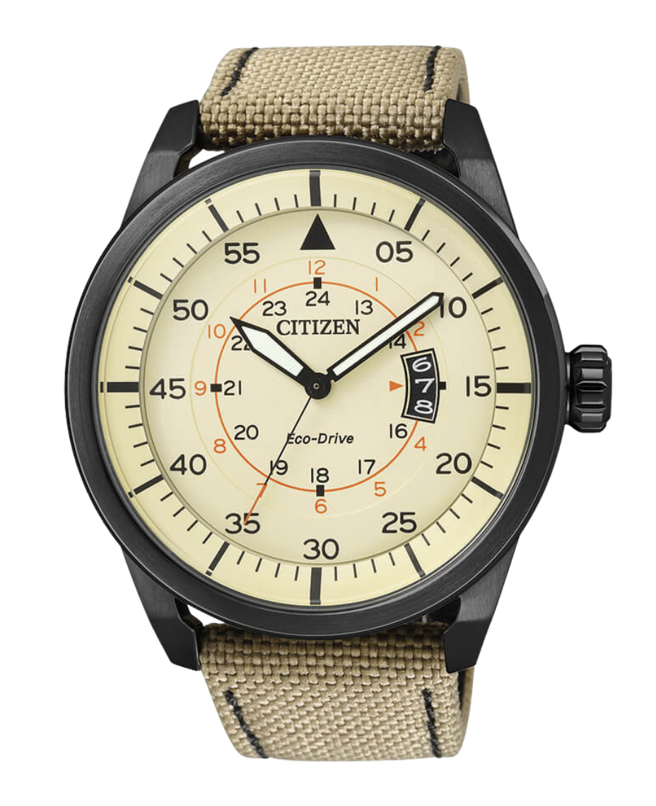 Citizen Eco-Drive AW1365-19P reloj hombre acero esfera beige correa nylon
