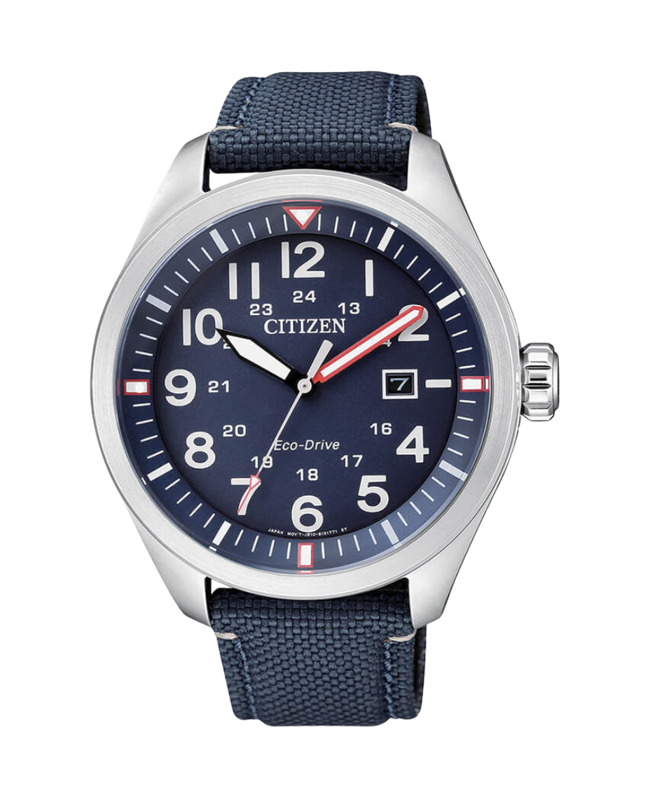 Citizen Eco-Drive AW5000-16L reloj hombre acero esfera azul correa piel