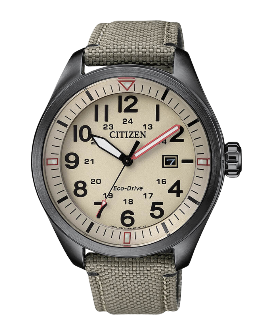 Citizen Eco-Drive AW5005-12X reloj hombre acero beige con correa de piel