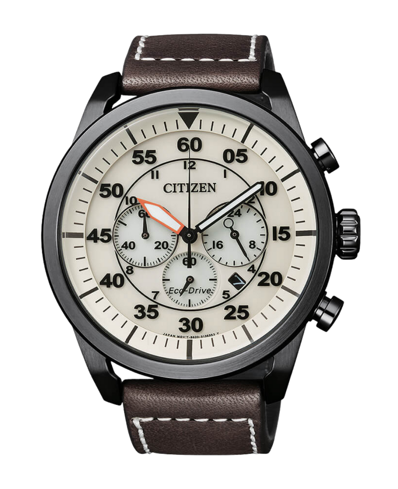 Citizen Eco-Drive CA4215-04W reloj hombre acero cronógrafo esfera beige correa piel