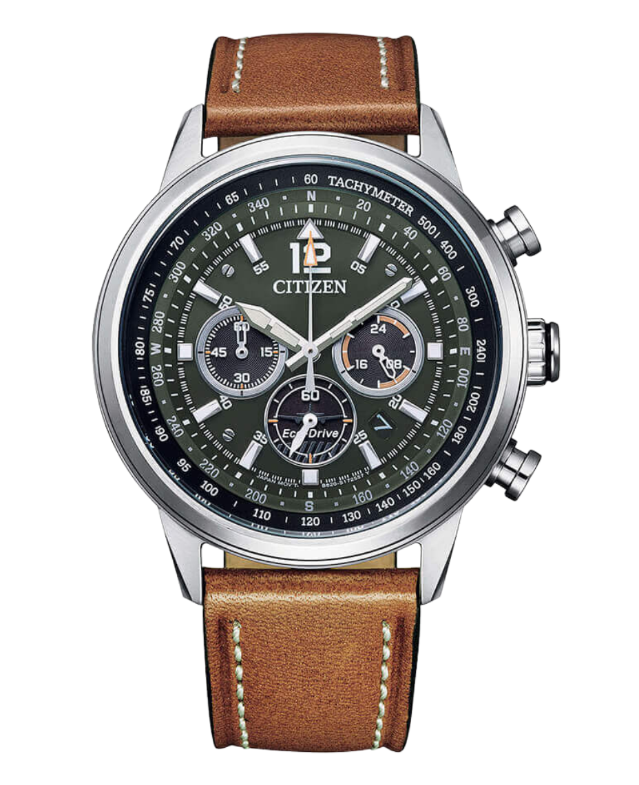 Citizen Eco-Drive CA4470-15X reloj hombre acero cronógrafo esfera verde correa piel