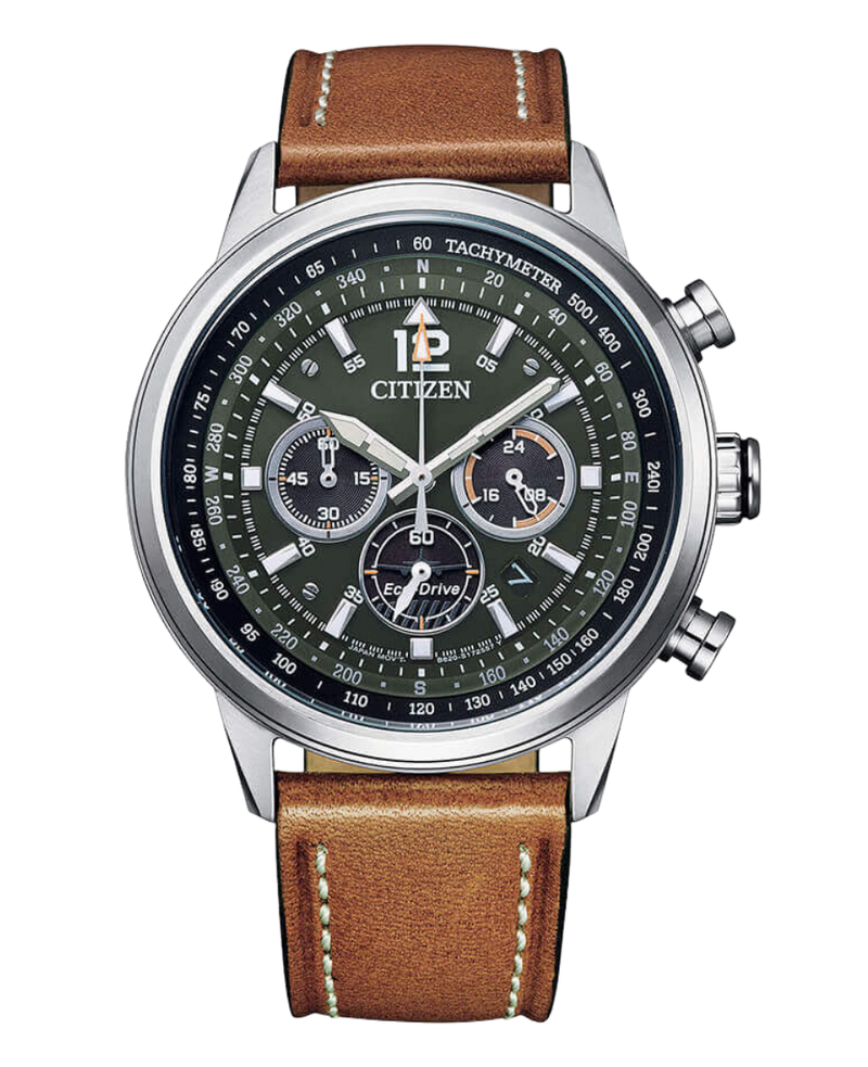 Citizen Eco-Drive CA4470-15X reloj hombre acero cronógrafo esfera verde correa piel