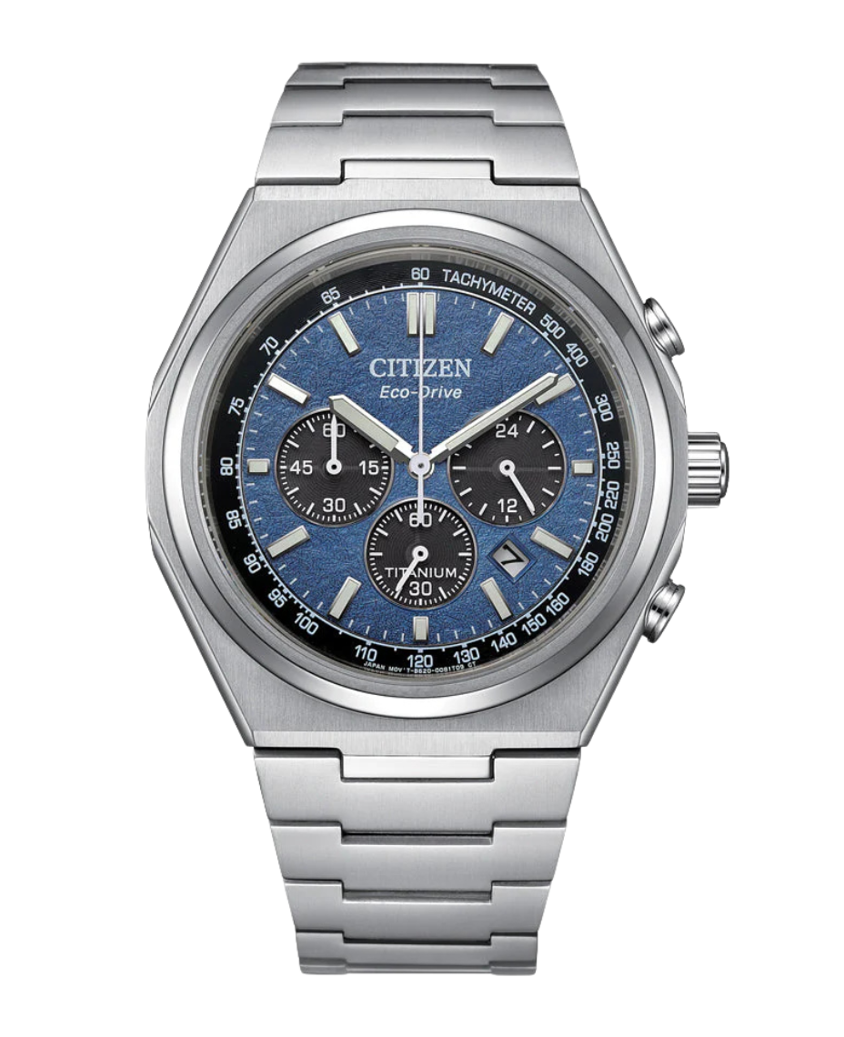 Citizen Super Titanium CA4610-85L reloj hombre titanio azul cronógrafo Eco-Drive