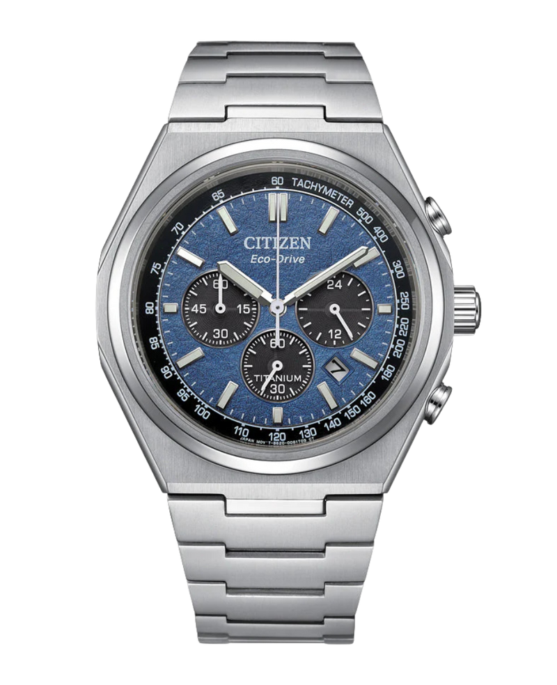 Citizen Super Titanium CA4610-85L reloj hombre titanio azul cronógrafo Eco-Drive