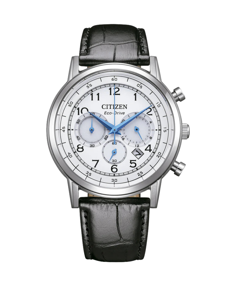 Citizen Eco-Drive CA4630-02A reloj hombre acero blanco cronógrafo correa piel