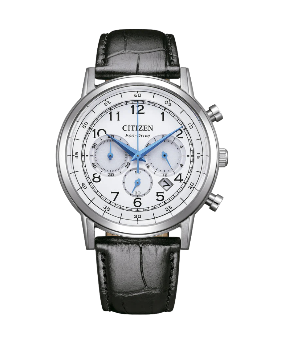 Citizen Eco-Drive CA4630-02A reloj hombre acero blanco cronógrafo correa piel