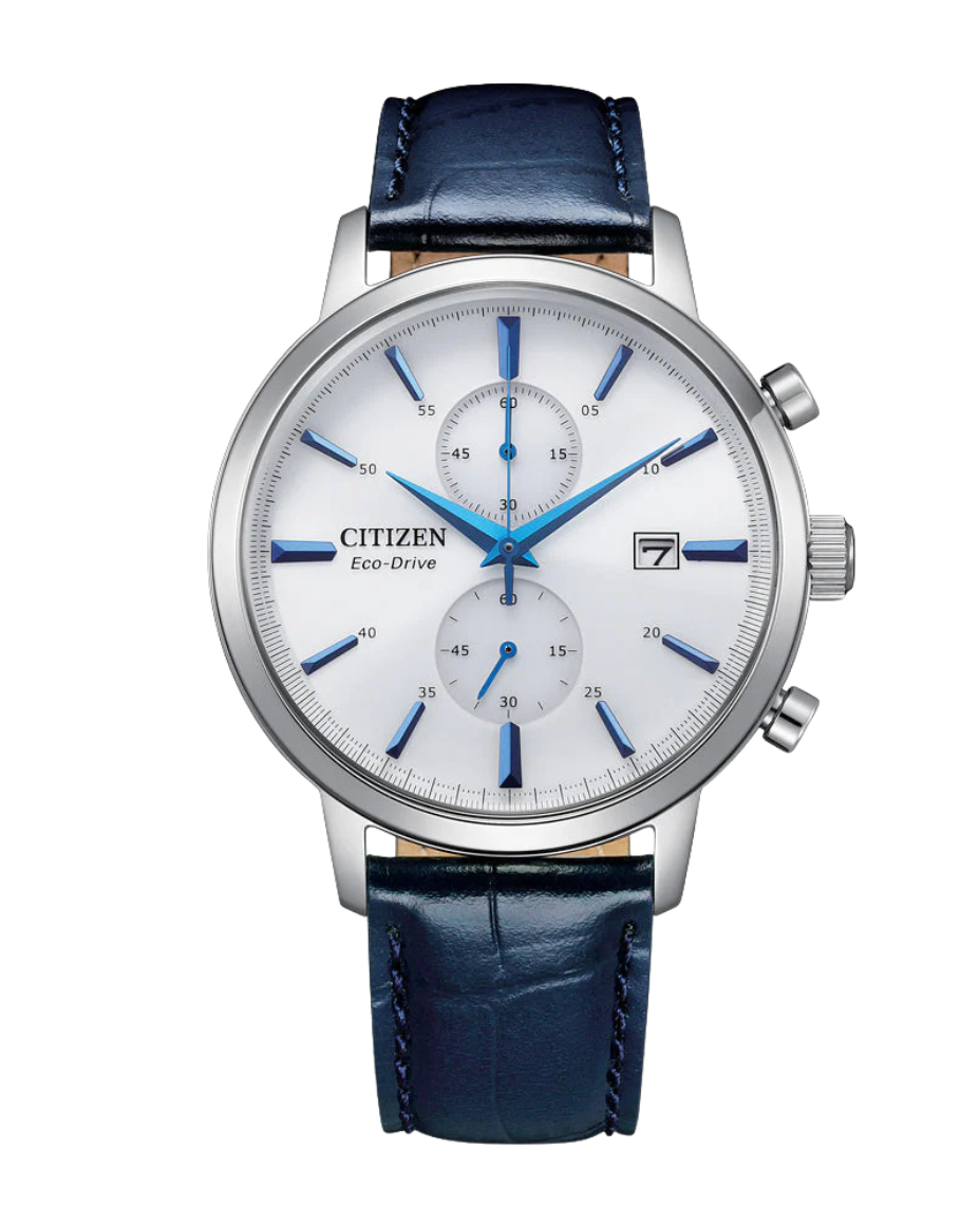 Citizen Eco-Drive CA7069-16A reloj hombre acero cronógrafo esfera blanca correa piel