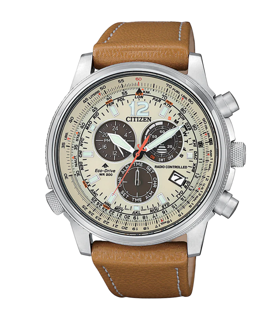 Citizen Eco-Drive CB5860-35X reloj hombre acero cronógrafo esfera beige correa piel