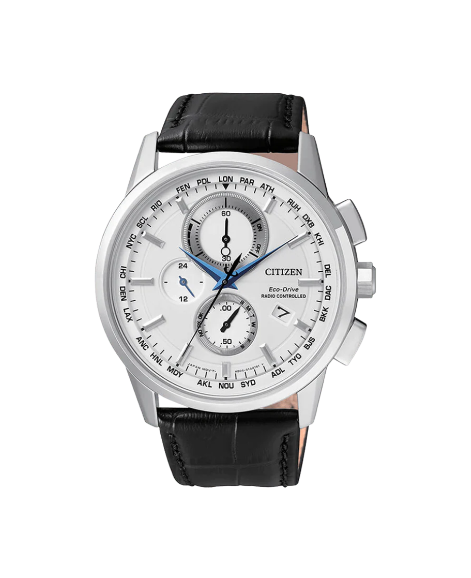 Citizen Eco-Drive AT8110-11A reloj hombre acero cronógrafo esfera blanca correa piel