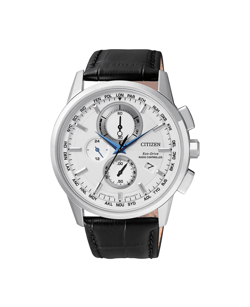 Citizen Eco-Drive AT8110-11A reloj hombre acero cronógrafo esfera blanca correa piel