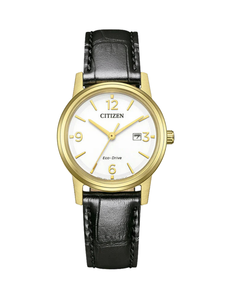Citizen Eco-Drive EW2722-01A reloj mujer acero chapado oro esfera blanca correa piel