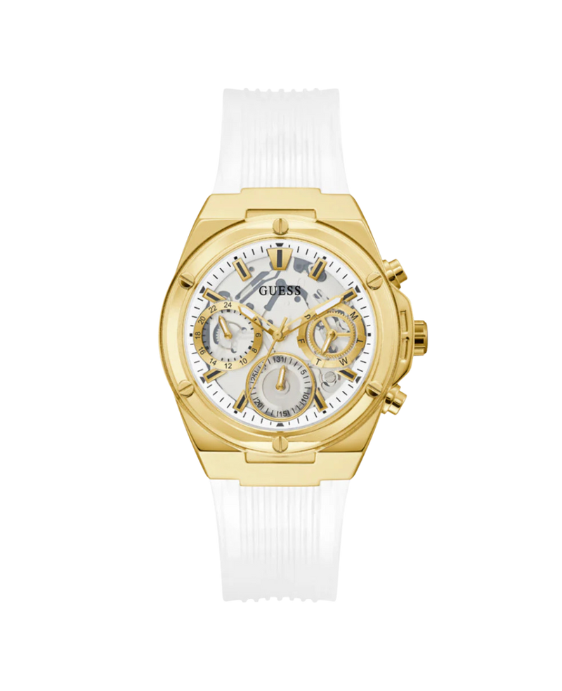 Guess Athena GW0409L2 reloj mujer acero dorado correa blanca multifunción elegante