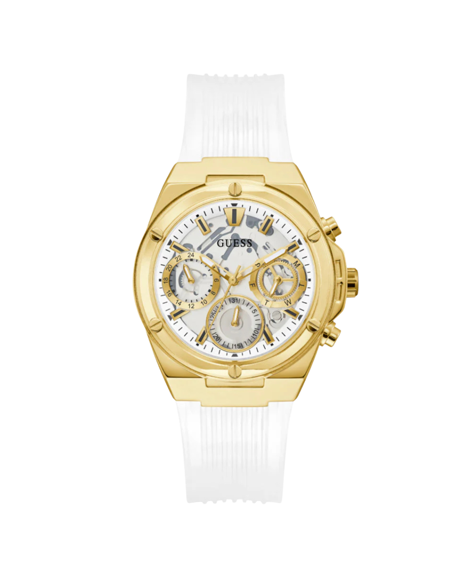 Guess Athena GW0409L2 reloj mujer acero dorado correa blanca multifunción elegante