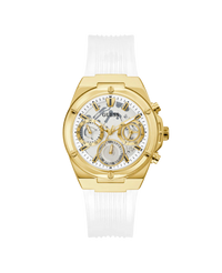 Guess Athena GW0409L2 reloj mujer acero dorado correa blanca multifunción elegante
