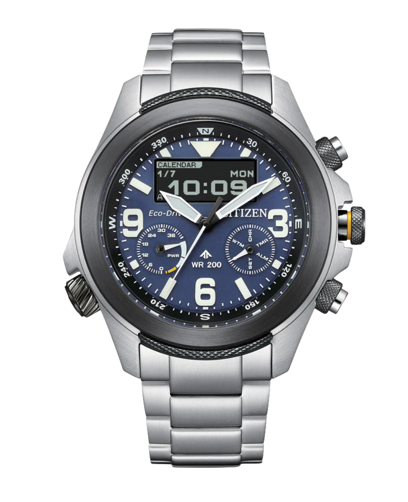 Citizen Promaster JV1006-51L reloj hombre acero esfera azul cristal zafiro Eco-Drive multifunción
