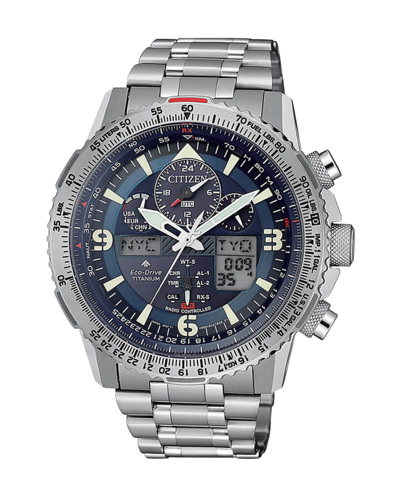 Citizen Super Titanium JY8100-80L reloj hombre Super Titanium azul cronógrafo Eco-Drive