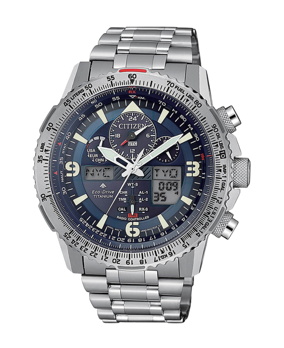 Citizen Super Titanium JY8100-80L reloj hombre Super Titanium azul cronógrafo Eco-Drive