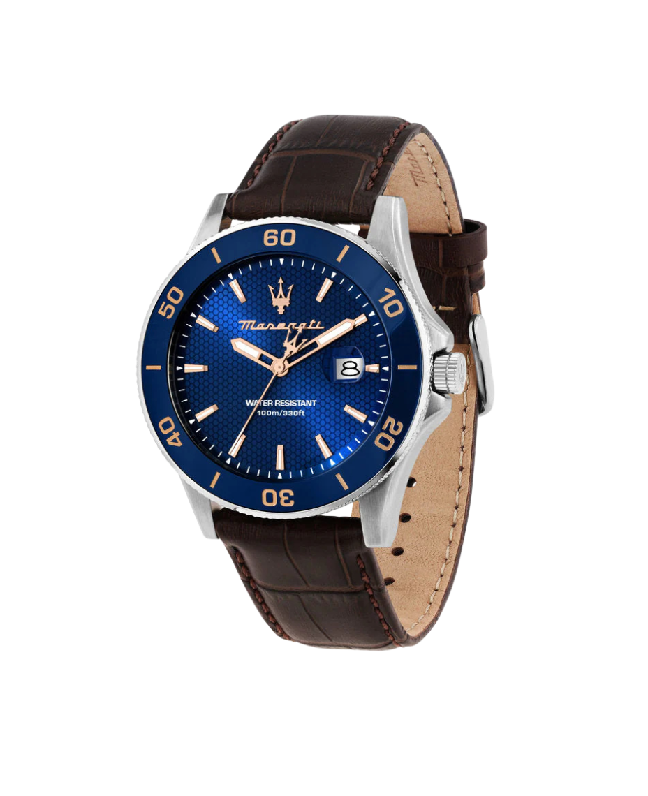 Maserati Competizione R8851100004 reloj hombre acero plata esfera azul correa piel marrón