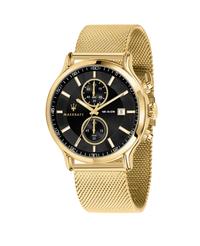 Maserati Epoca R8873618014 reloj hombre acero dorado esfera negra cronógrafo malla oro