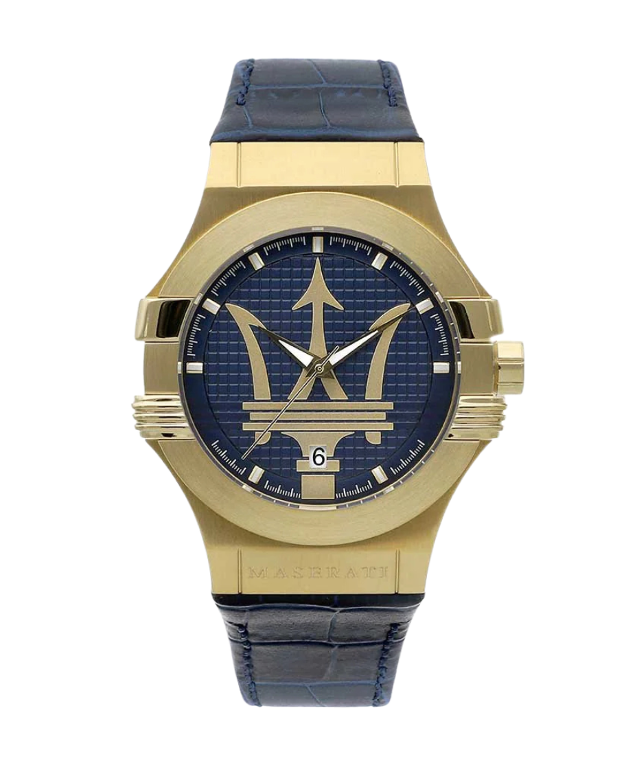 Maserati Potenza R8851108035 reloj hombre acero dorado esfera azul correa cuero