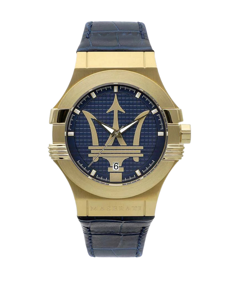 Maserati Potenza R8851108035 reloj hombre acero dorado esfera azul correa cuero